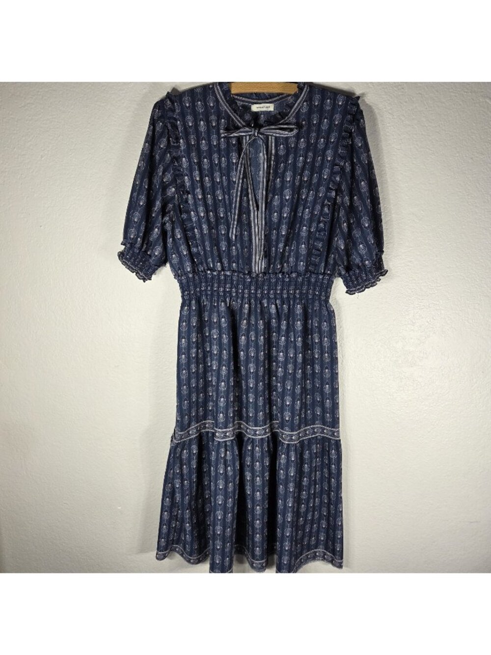 Max Studio Smocked Navy Blue Maxi Dress V-Neck 3/4 Sleeve Size L Tie Front